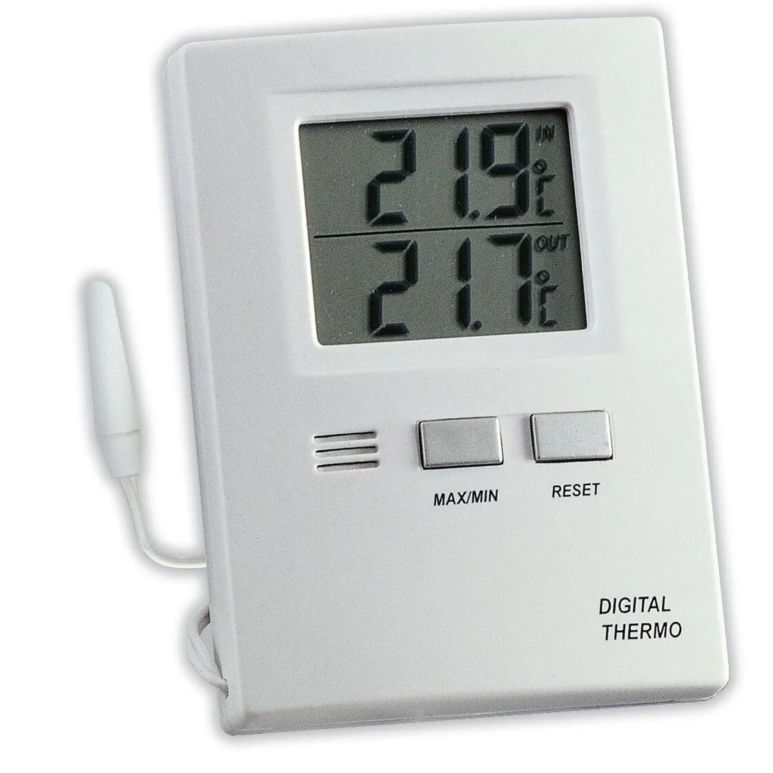 Weißes digitales Max-Min-Thermometer mit externem Fühler, LCD-Anzeige für 21,9 °C innen und 21,7 °C außen, MAX/MIN- und Reset-Tasten