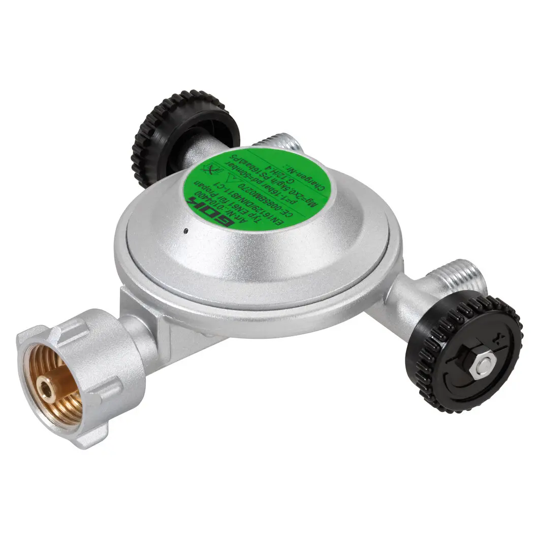 Niederdruckregler Camping, 50 mbar, KLF x 2 x G 1/4 LH-KN