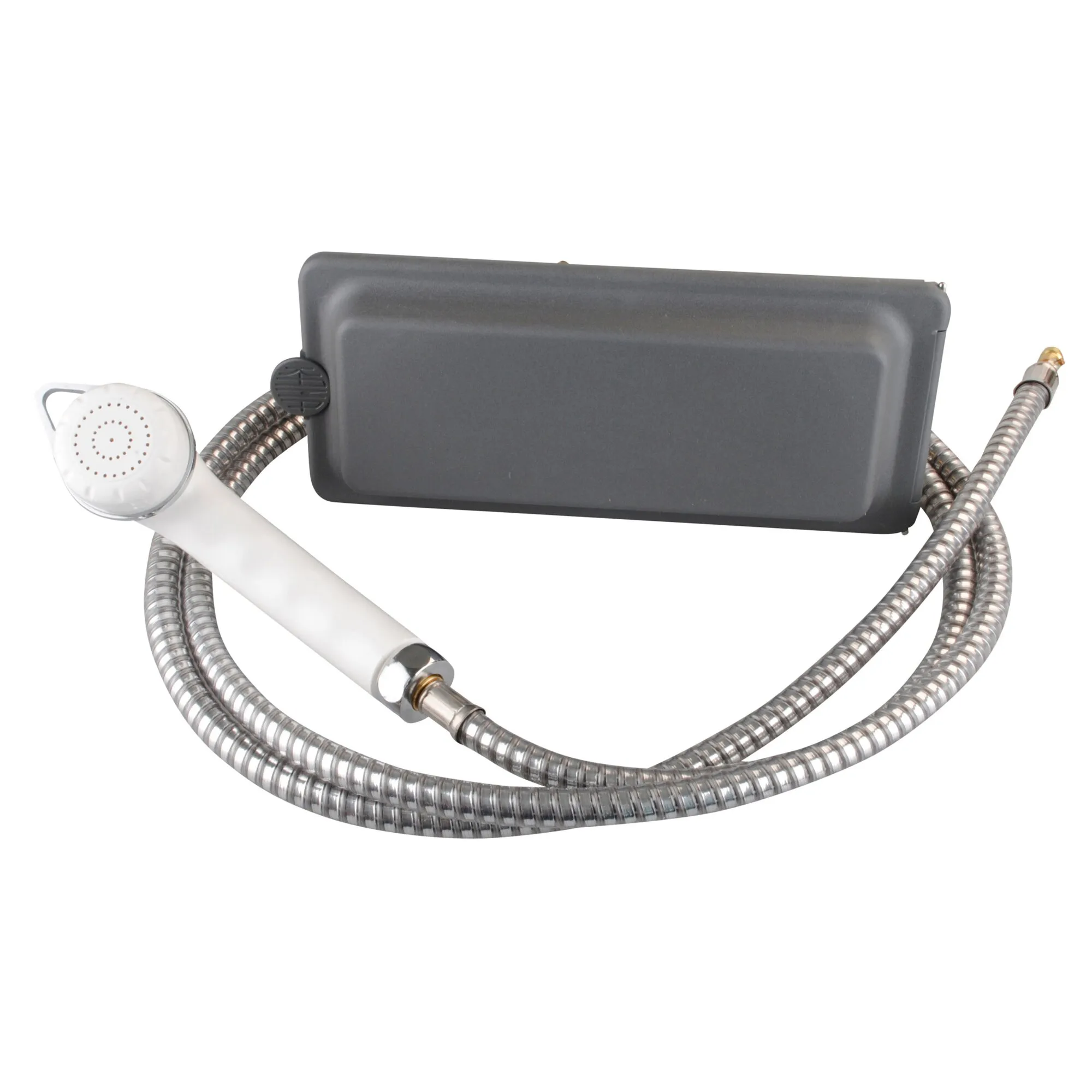Anthrazitfarbene Wassersteckdose mit weißer Handbrause, Halterung und flexiblem Metallschlauch