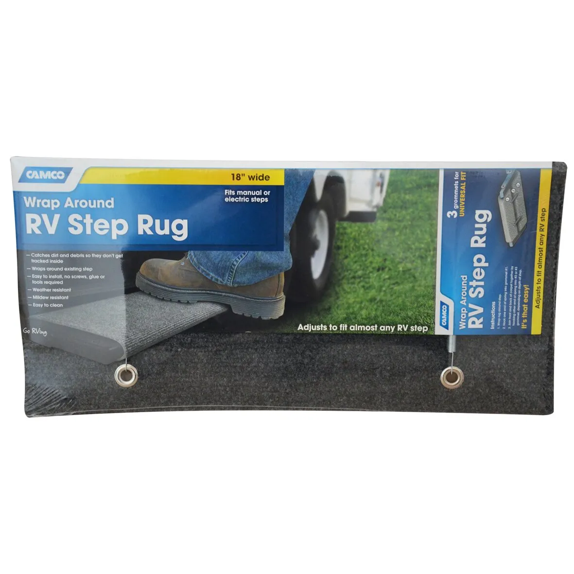 AMICO Fußmatte für Wohnmobil-Trittstufen, grauer Wrap-Around-Step-Rug mit Befestigungsösen auf der Verpackung