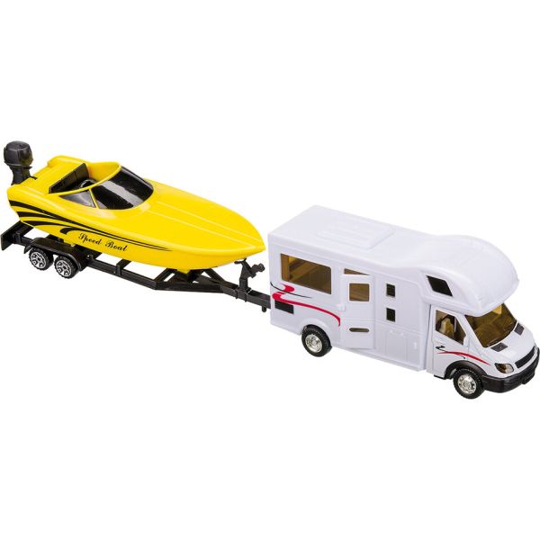 Happy People motorhome with boat trailer